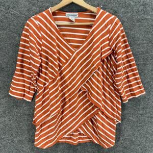 Jessica London Blouse Women 12 Brown Striped 3/4 Sleeve V-Neck Ruffle Cotton